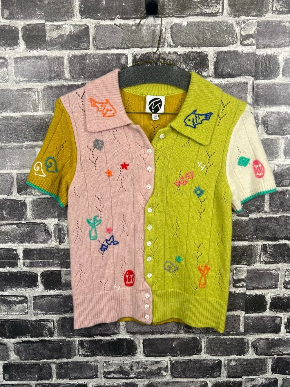 YanYan XS Colorblock Embroidered Short Sleeve Collared Cardigan